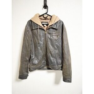Sundance Mens Faux‎ Leather Bomber Jacket Hooded Distressed Full Zip Brown Large